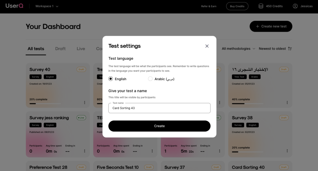Create card sorting, test settings UserQ