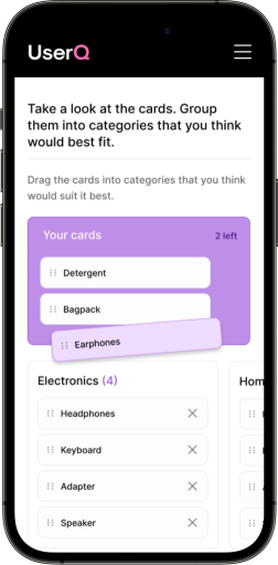 Mobile view, card sorting
